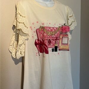 Women's Cream Blouse with Pink Graphic
